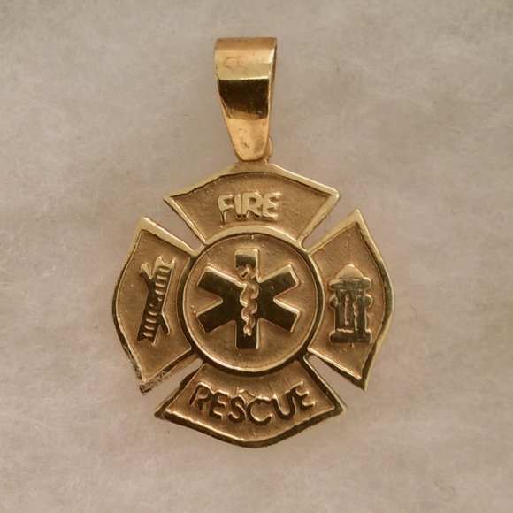 14k Gold Fire Resue with Cadieus symbol Maltese Cross Pendant - Picture 3 of 11